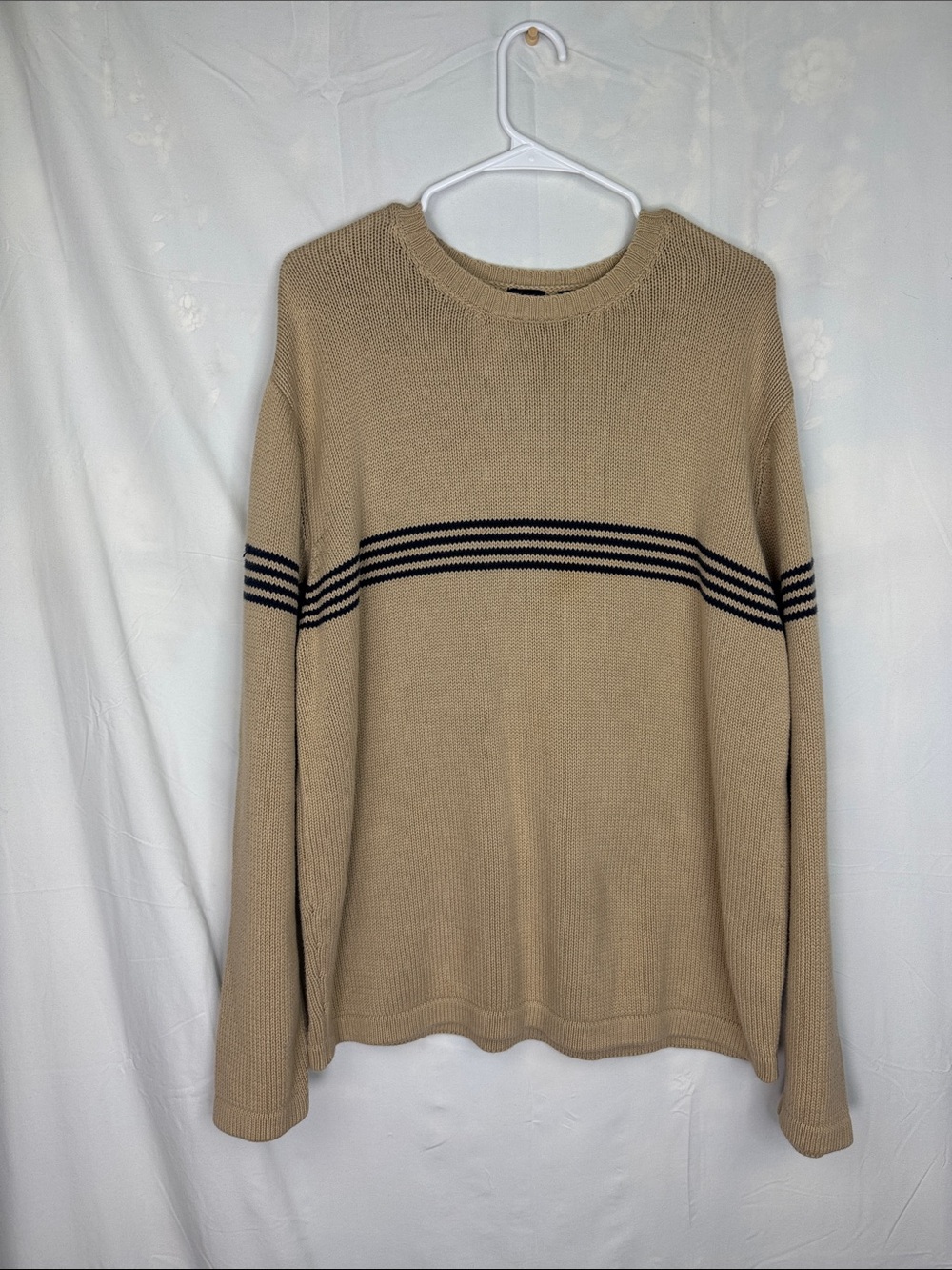 GAP Beige Crewneck Sweater with Navy Blue Stripe Detail